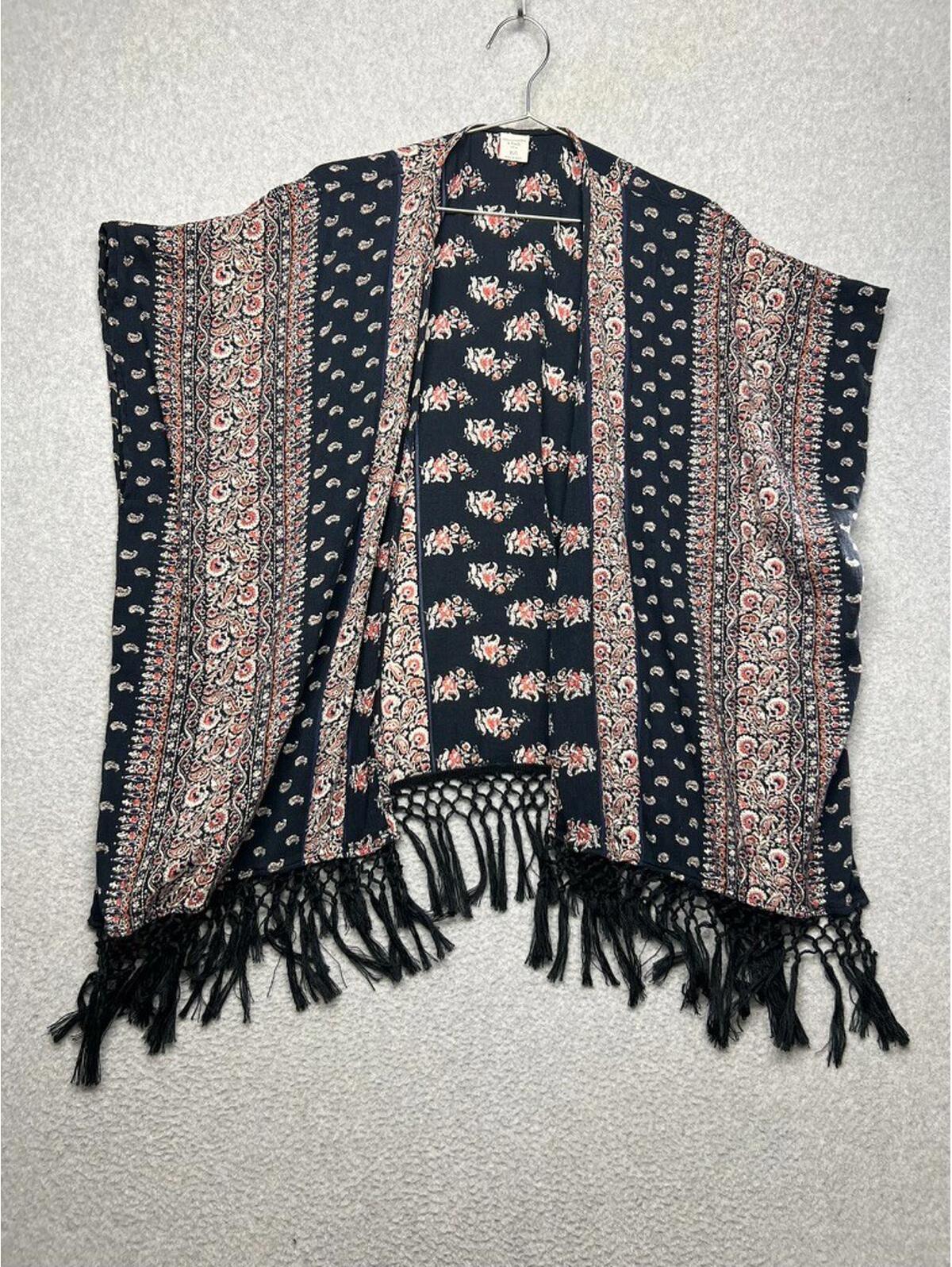 Abercrombie & Fitch Boho Cover Up Cardigan Xs/S Black Floral Fringe Kimono Gypsy